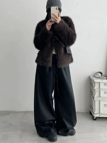 Black Pu Leather Pants Y2K Korean Elegant Drawstring Wide Leg Trousers High Waist Oversized Streetwear Trousers