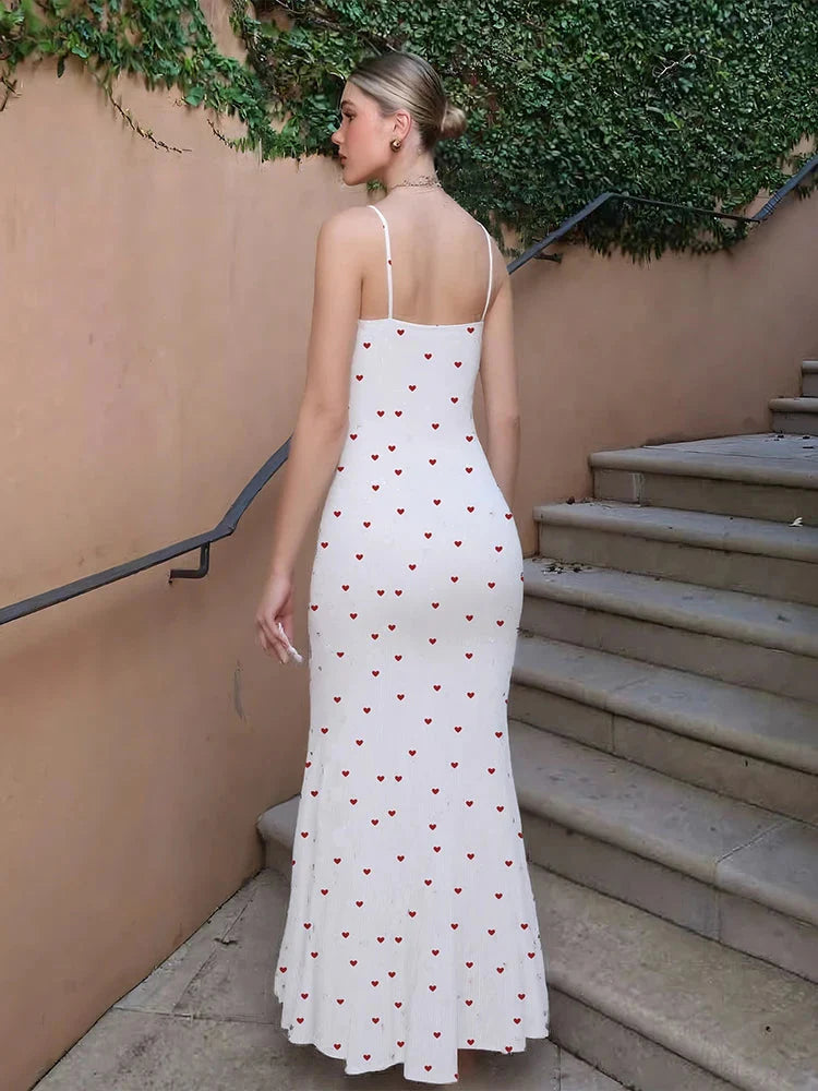 Elegant Heart Print Ribbed Maxi Dress Y2K Trend Square Collar Backless Robe Daily Casual Outfits