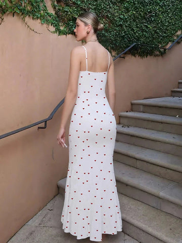 Elegant Heart Print Ribbed Maxi Dress Y2K Trend Square Collar Backless Robe Daily Casual Outfits