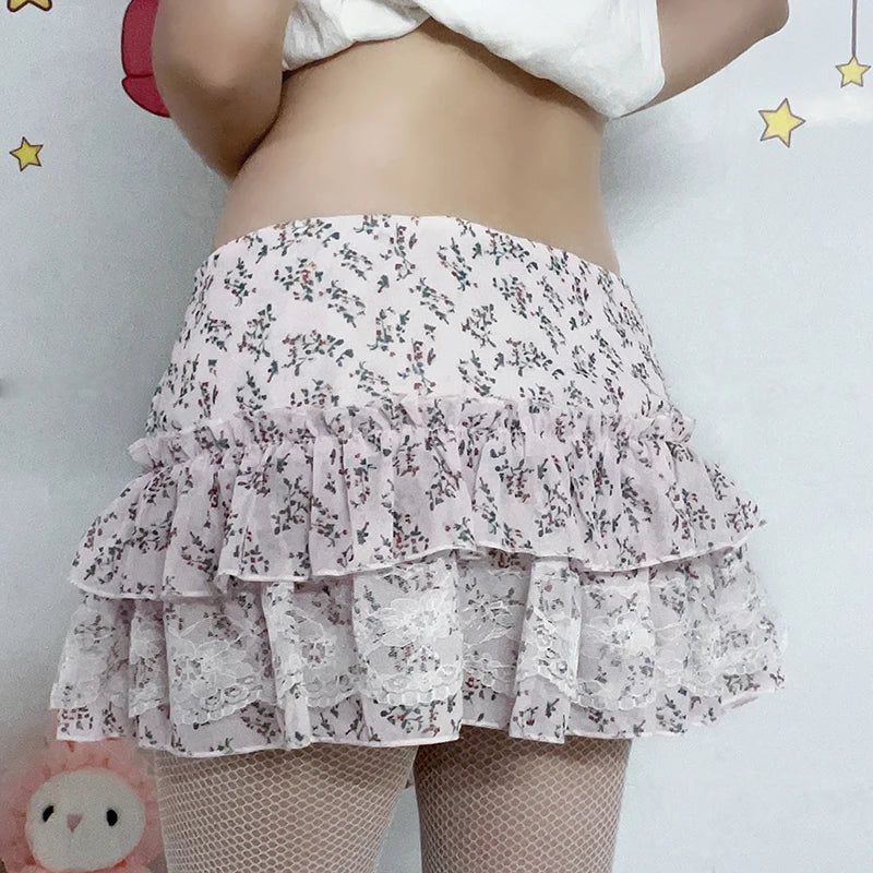 Voguable  Kawaii Floral Print Lace Stitching A-line Skirt Pink Low Waist Chiffon Skirts Y2K Coquette Lolita Skirts Soft Girls