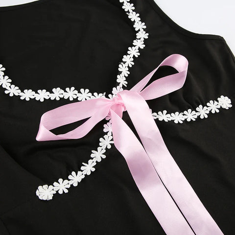 Voguable  Coquette Floral Lace Patchwork A-line Mini Dress Princess Square Collar Bow Decorate Sundress for Holiday Party Y2K