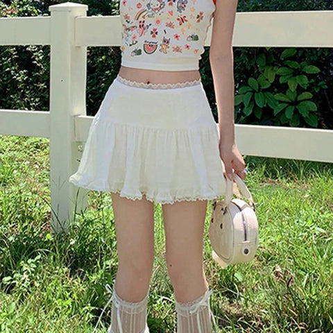 y2k Skirt Coquette Clothes White Lace Trim Low Rise Flowy A Line Short Skirts 2000s Fairycore Skirt Streetwear
