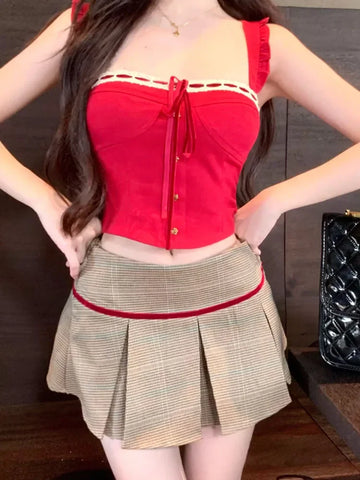 Voguable Harajuku 2000s Aesthetic Outfits 2 Piece Skirt Set Gyaru Off Shoulder Red Tank Top + Japanese Vintage Pleated Skirt Coquette Y2K