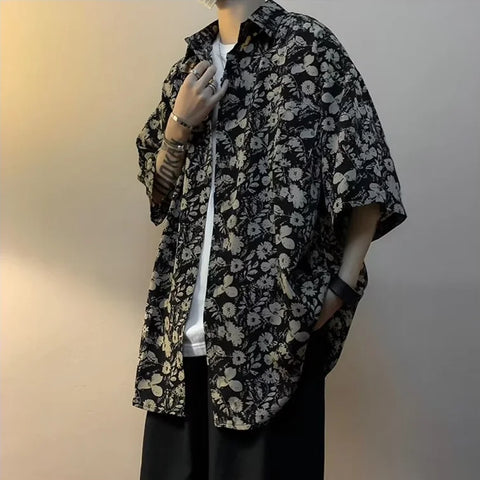 loose casual retro Hong Kong style design niche floral shirt short sleeved ins handsome casual t shirts trend y2k