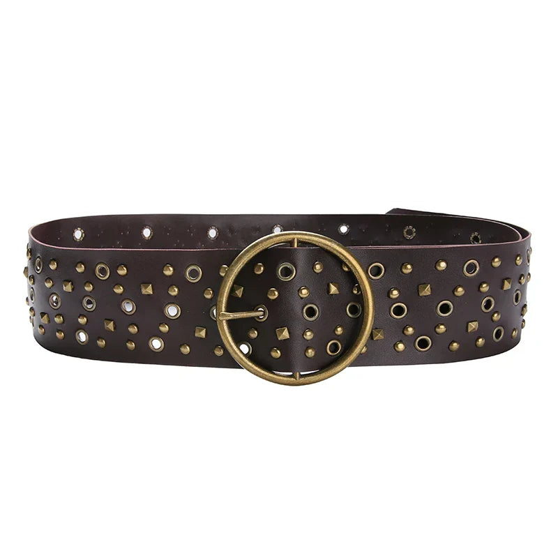 Voguable PU Vintage Wide Belt Rivet Pin Buckle Luxury Belts for Jeans Waistband Punk Rock Motorcycle Hip Hop Strap y2k