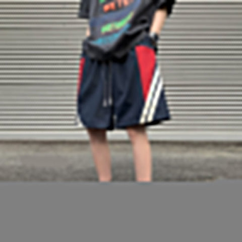 Korean Y2k Shorts Baggy Straight Tube Embossed Seal Casual Short Pants Breeches Harajuku Elastic Waist