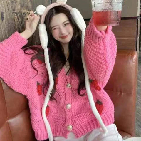 Winter Strawberry Knitting Cardigan Y2K Loose Long Sleeve Thicken Warm Sweater Korean Chic Preppy Sweater