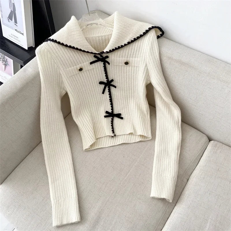 Voguable  Pink Sweet Cardigan Long Sleeve Y2k High Waist Knitted Coats Tops Japan Style Bow Sweaters Kawaii Slim Fit Women