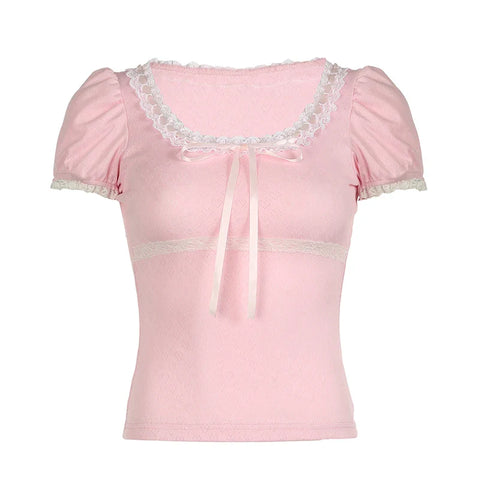 Voguable Coquette Aesthetic Jacquard Heart-shape T-shirt Y2K Japanese Kawaii Contrast Lace Stitching Bow Tops New