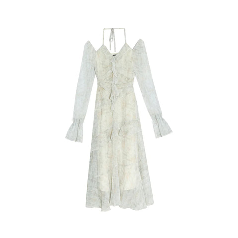Voguable Y2K Ruffles Irregular Short Dress Tie Dye Flare Sleeves Elegant Party Dress Prom Robe Halter Vestidos