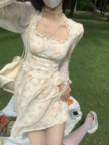 Voguable Elegant Y2K Midi Dress Casual Lace One Piece Dress Korean Sweet Vintage Floral Dress Party Long Sleeve