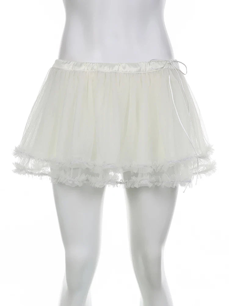 Voguable  Tiered Ruffle Tulle Mesh Skirt y2k Aesthetic Lace-up Low Waist A-line Mini Skirts Fairycore Kawaii Coquette Outfit