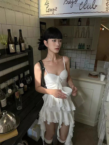 Y2K Streetwear Lace Camisole Dress Aesthetic Ruffle Slim Irregular Midi Dress Club Party All Match Ladies Vestidos