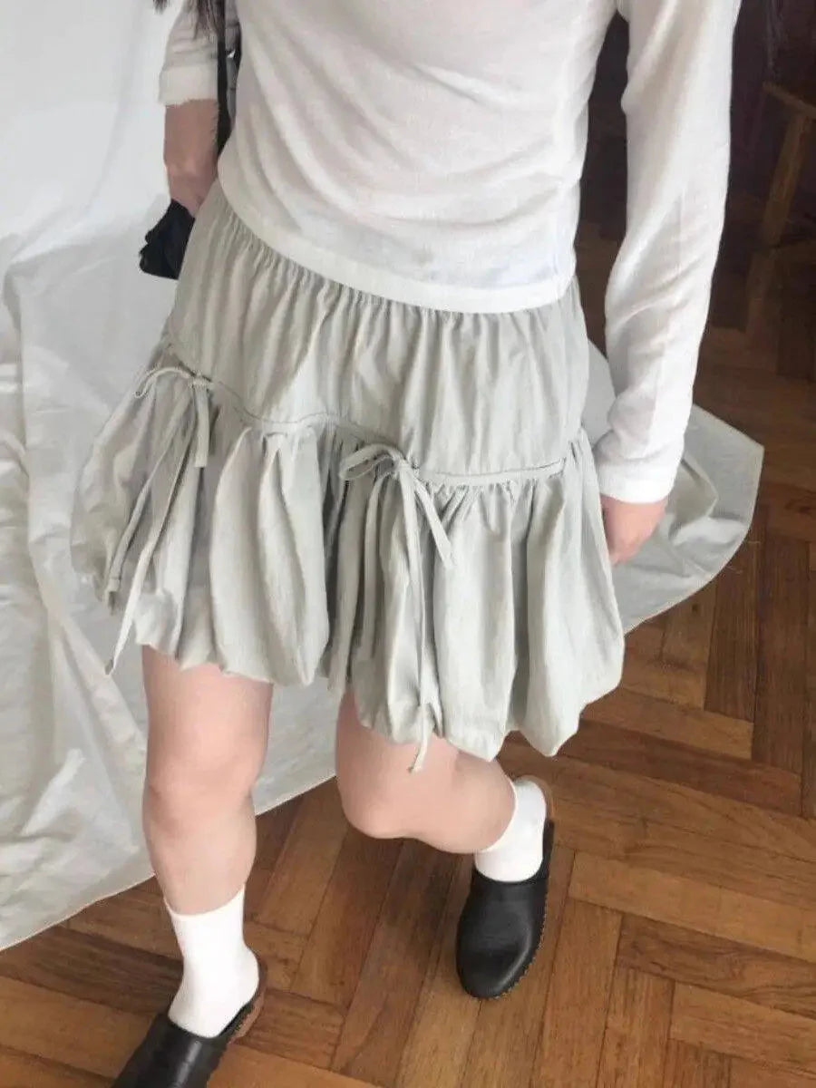Y2k Bubble Mini Skirt Elastic Waist Ruffle Flare Puffy Skirt High Rise Cute Pleated Lace-up Bow Tie Lantern Short Skirt