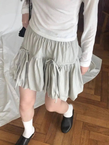 Y2k Bubble Mini Skirt Elastic Waist Ruffle Flare Puffy Skirt High Rise Cute Pleated Lace-up Bow Tie Lantern Short Skirt