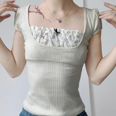 Voguable Y2K Contrast Lace Patchwork Knitted Top Cute Casual Basic Short Sleeve T-shirts Coquette Square Collar Tee