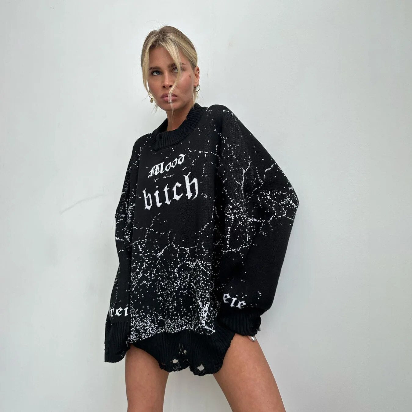 Sweater  and Winter Hollow Out Casual Loose Round Neck Printed Pullover Y2k Knit Tops for Women