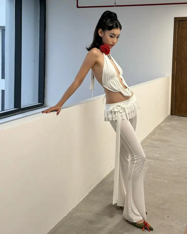 Voguable Solid Bow Lacing Patchwork Double Layer Ruffles Flare Pants Mid Rise Slim Trousers Hottie Y2K Streetwear