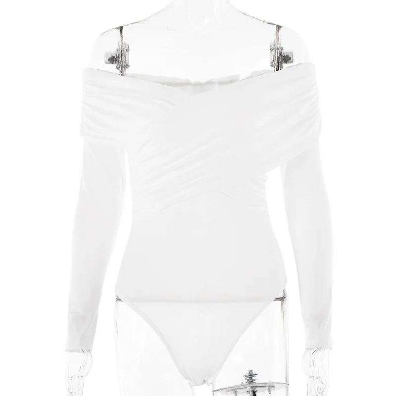 Y2k European American Cross Long Sleeve Vneck Line Shoulder Temperament Spice Street Style Pleated Solid Color Onesie