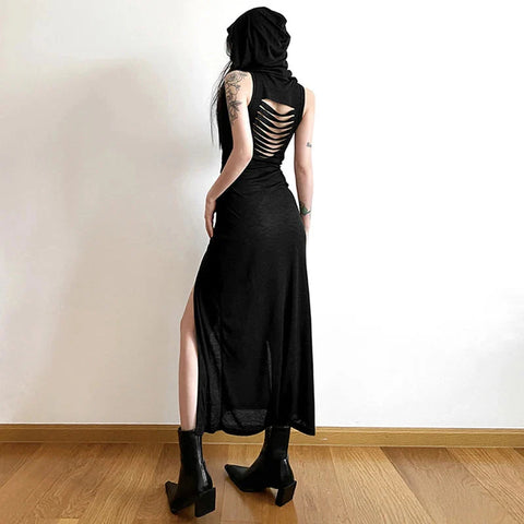 Wasteland Punk Dress y2k Solid Color Sleeveless Hollow Out Back Side Slit Hooded Dress 2000s Grunge Party Dresses