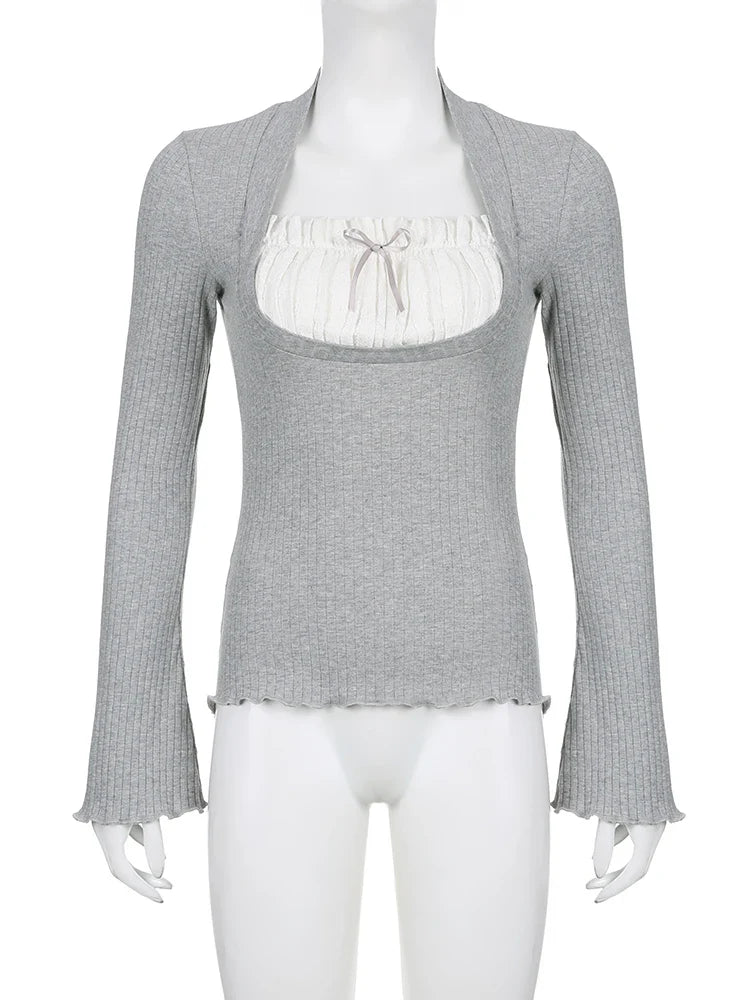 Voguable  y2k Lace Patchwork Fake Two Piece T-shirt Fairycore Flare Long Sleeve Tops Casual Kawaii Clothes Korean Shirt