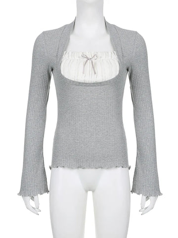 Voguable  y2k Lace Patchwork Fake Two Piece T-shirt Fairycore Flare Long Sleeve Tops Casual Kawaii Clothes Korean Shirt