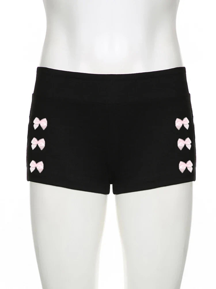 Voguable Kawaii Bow Patchwork Mini Shorts Low Rise Bottoms Korean Knit Skinny Panties Y2K Aesthetic Short Pant coquette