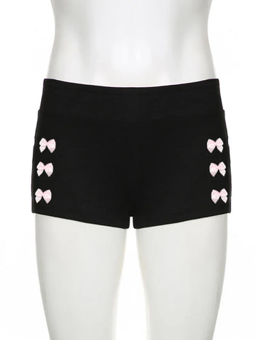 Voguable Kawaii Bow Patchwork Mini Shorts Low Rise Bottoms Korean Knit Skinny Panties Y2K Aesthetic Short Pant coquette