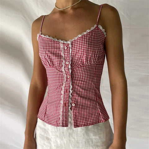 y2k Tops for Plaid Print Lace Trim Spaghetti Strap Sleeveless Single Breasted Camisole Sweet Coquette Clothing