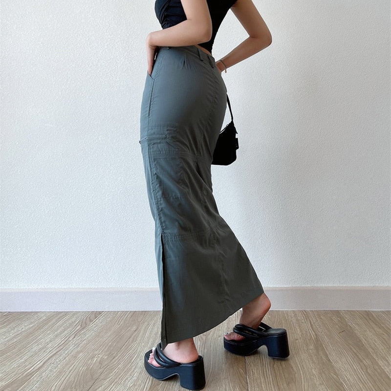 Casual Pocket Cargo Pencil Skirt Vintage Y2K All-match Solid Chic Side Slit Wrap Hip Long Skirt Streetwear
