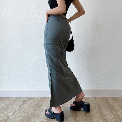 Casual Pocket Cargo Pencil Skirt Vintage Y2K All-match Solid Chic Side Slit Wrap Hip Long Skirt Streetwear
