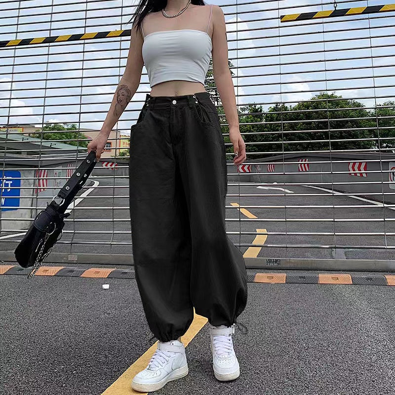 Voguable  Khaki Oversized Cargo Baggy Pants Y2K Hip Hop Style Loosed  Adjustable Waist Drawstring Long Pant Streetwear 90s Style Clothes