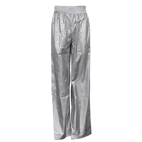 Fashionable Windproof Pants  Silver Elastic Waist Loose Straight Leg Slimming Y2K Wide Leg Pants