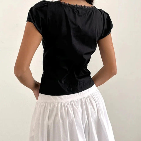 Coquette Shirt y2k Clothes Deep V Neck Lace Trim Single Breasted Short Sleeve Blouse Crop Top Club Streetwear