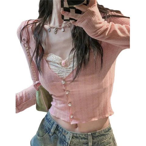 y2k Crop Top Sweet Aesthetic Clothes Lace Patchwork Long Sleeve T Shirt with Bow Decor 2000s Clothing Streetwear