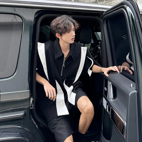 Laple T-Shirt Urban Streetwear Polo Style Two-Tone Design Casual Tee Y2K Trendy Oversized Top Breathable Cotton Blend