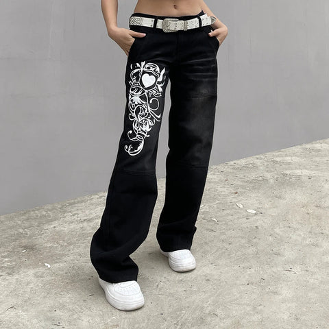 Harajuku printed Cargo Jeans Y2K Dark Blue brown High Waist Streetwear 90S Baggy Jeans Pants Straight wide leg jeans