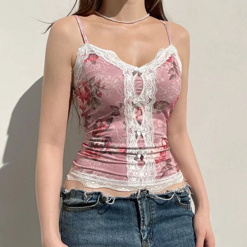 y2k Floral Cropped Top Vintage Lace Stitching Sleeveless Skinny Strap Tops Retro Camisole Streetwear Tees Aesthetic