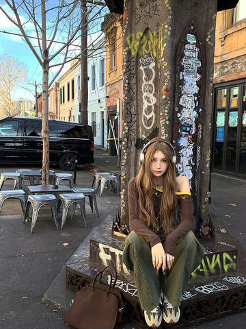 American Retro Patchwork Graphic T Shirts Woman Clothing One Shoulder Long Sleeve 2000s Clothes Y2k Tops