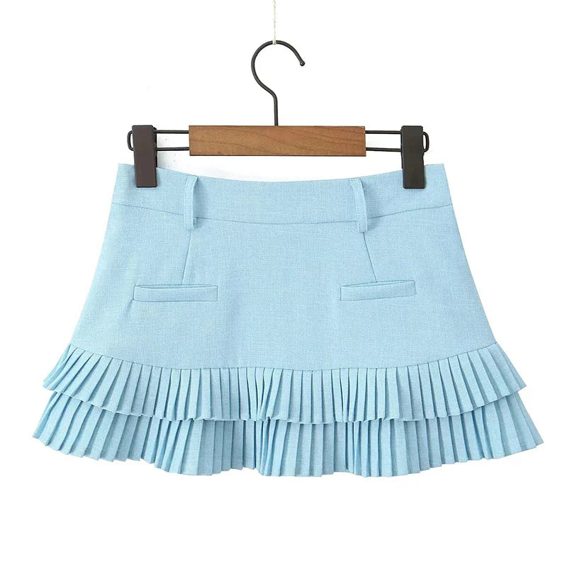 Cool Girl Y2K Pleated Mini Skirt Low Waist Short Skater Skirts With Shorts Lining