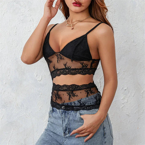 y2k Lace Crop Top See Through Spaghetti Strapless Sleeveless Cut Out Tanks 2000s Aesthetic Clothes Streetwear