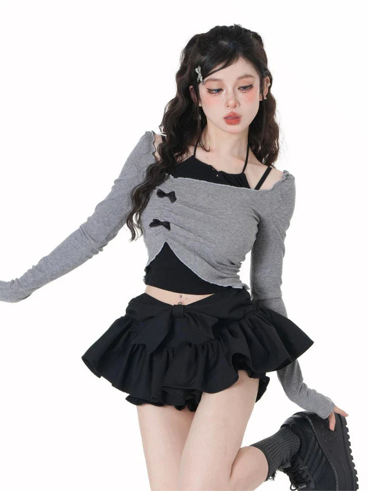 Voguable Korean 2 Piece Set Skirt Slim Y2k Crop Tops Casual Vintage Black Mini Skirt Kawaii Sweet Suit Woman Chic