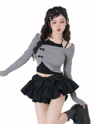 Voguable Korean 2 Piece Set Skirt Slim Y2k Crop Tops Casual Vintage Black Mini Skirt Kawaii Sweet Suit Woman Chic