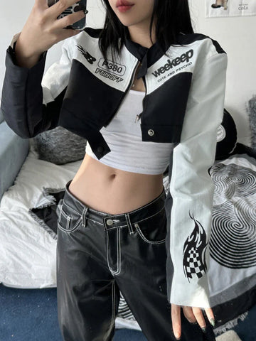 Voguable Cropped Jackets for Cool Biker Style Streetwear Zipper Up Short Coat Y2K Long Sleeve Outerwear