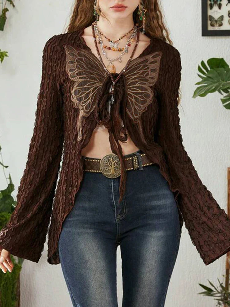 Voguable Lace Butterfly Patchwork Cardigan Top for Y2K Aesthetics Brown Bandage Long Sleeve T Shirts Grunge Fairycore