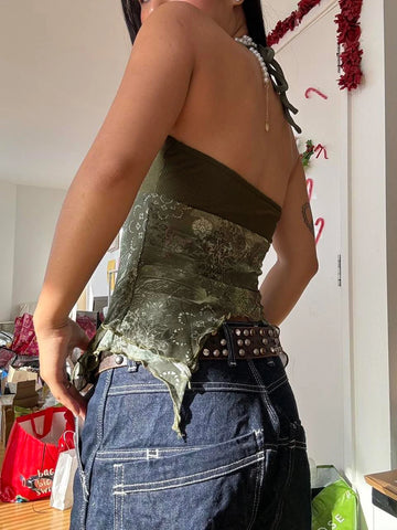 Voguable Boho Vintage Print Mesh Patchwork Crop Top V Neck Camis Y2K Streetwear FeCoquette Aesthetic Clothes