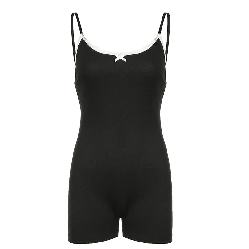 Voguable Chic Elegant Lace Stitching Bow Sleeveless Jumpsuits Shorts Y2K Casual Basic Slim-fitting Rompers Home Fitness Outfits