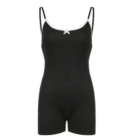 Voguable Chic Elegant Lace Stitching Bow Sleeveless Jumpsuits Shorts Y2K Casual Basic Slim-fitting Rompers Home Fitness Outfits