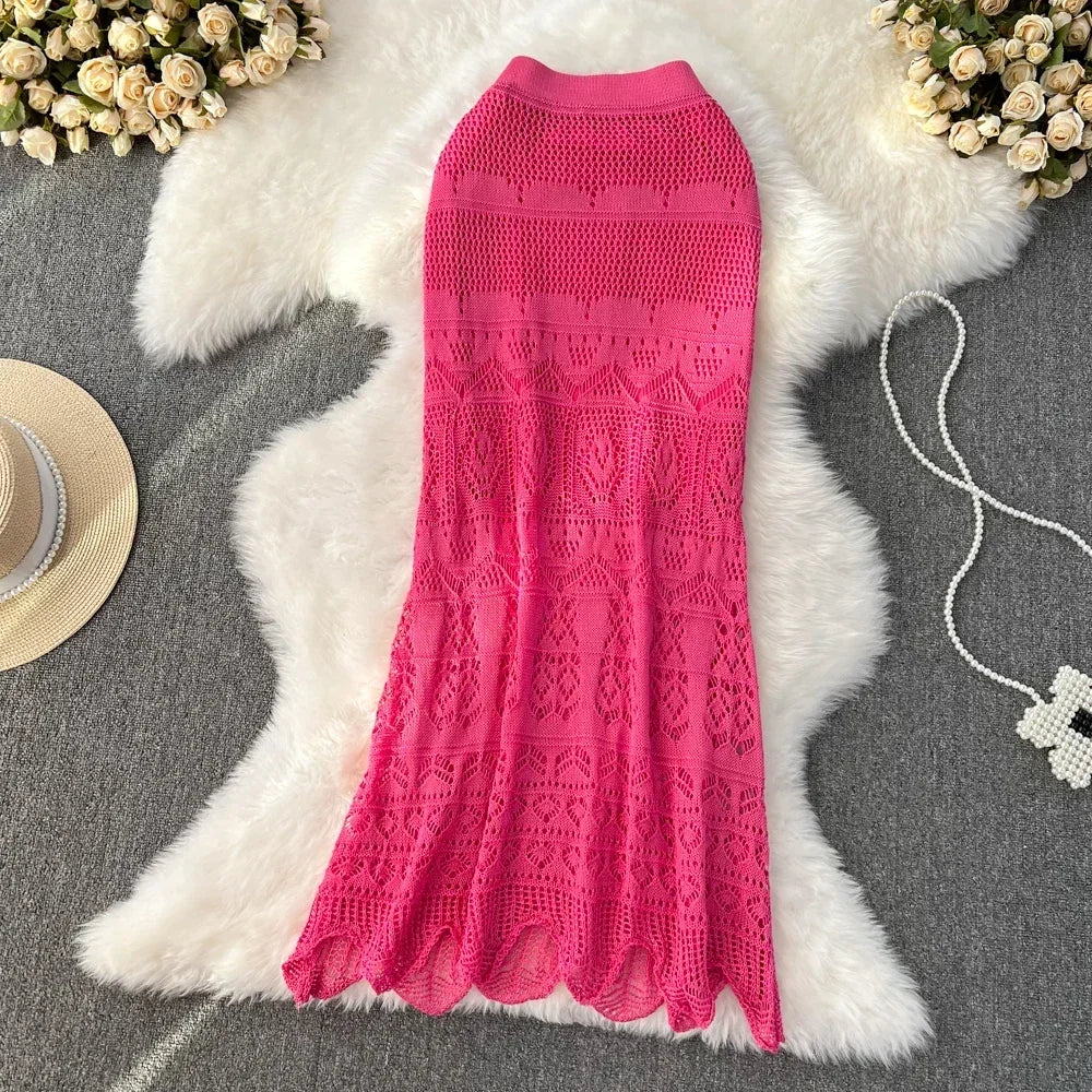 Voguable Boho Retro Holiday Long Skirts Y2k Crochet Hollow Out FeTrumpet Skirt Ladies Elegant Skirt