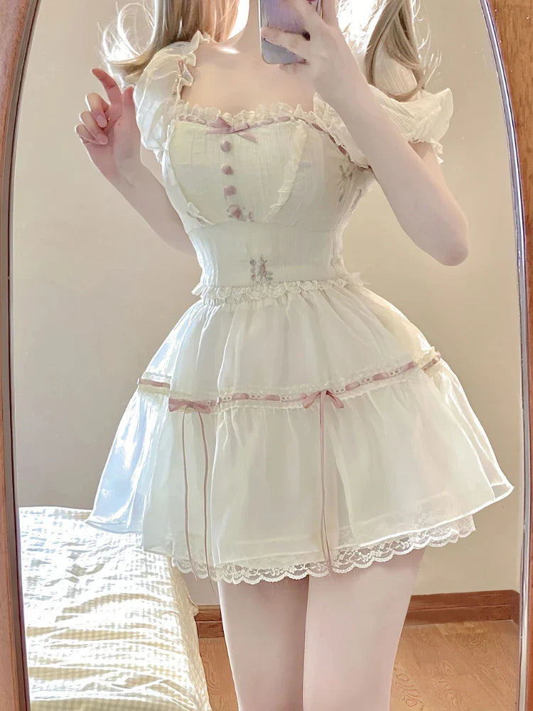 Voguable Sweet Square Neck 2 Piece Dress Set Short Sleeve Y2k Crop Tops + Casual Mini Skirt Korean FeSuit